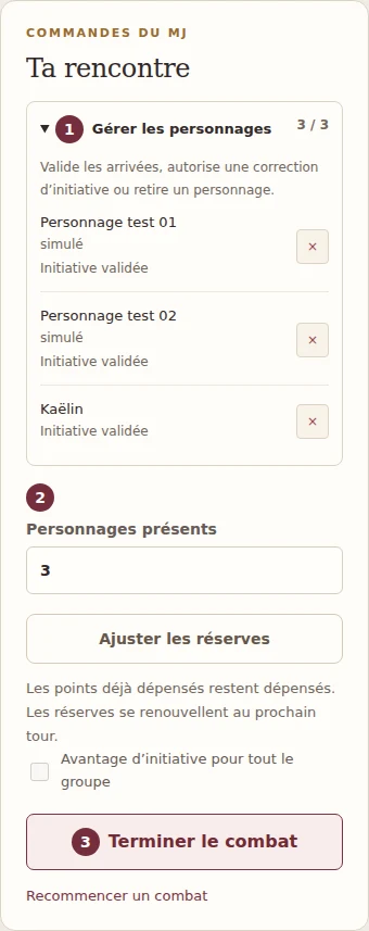 Commandes du MJ avec la gestion des personnages dépliée, l’effectif à ajuster et les commandes de fin de combat.